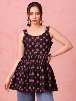 Vbuyz - Black Floral Fit and Flare Cotton Stitched Tunic