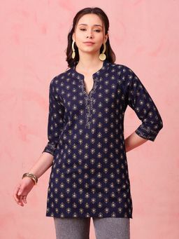 Vbuyz - Navy Blue Foil Print Straight Cotton Stitched Tunic