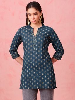 Vbuyz - Green Foil Print Straight Cotton Stitched Tunic
