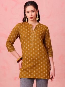 Vbuyz - Mustard Foil Print Straight Cotton Stitched Tunic
