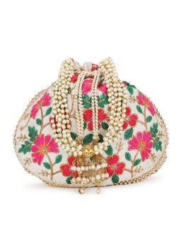 Anekaant - Dangle Cream and Multi Floral Embroidered Faux Silk Potli