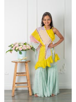 Kirti Agarwal Pret n Couture - Yellow Top with Knot Detailed Cape and Dotted Sharara