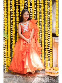 Kirti Agarwal Pret n Couture - Flower Embroidered Crop Top with Lehenga & Ruffle Dupatta