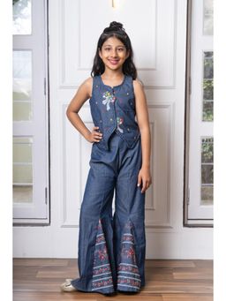 Kirti Agarwal Pret n Couture - Soft Denim Embroidered Palazzo with Top - Navy Blue