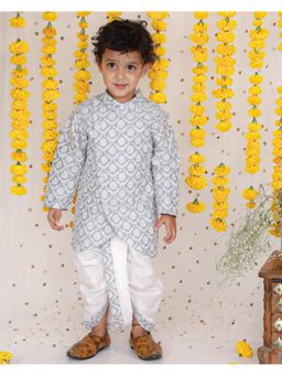 Kirti Agarwal Pret n Couture - Floral Thread Embroidered Grey Kurta and Dhoti