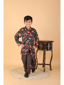Kirti Agarwal Pret n Couture - Black Floral Printed Asymmetric Kurta with Dhoti