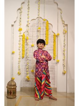 Kirti Agarwal Pret n Couture - Patola Printed Asymmetric Kurta and Red Striped Dhoti