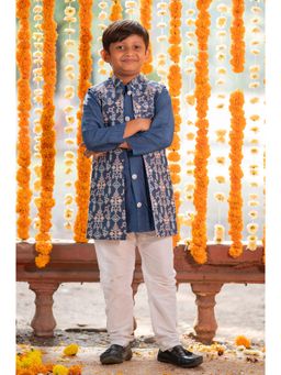 Kirti Agarwal Pret n Couture - Dark Blue Chanderi Kurta with Jacket and Pyjama