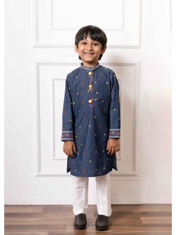 Kirti Agarwal Pret n Couture - Stylish Denim Blue Embroidered Kurta with White Pyjamas