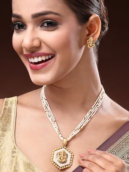 ADIVA - 22K Gold-Plated Lord Ganesh Pendant Set with Ivory Beaded Multistrand Jeweller set