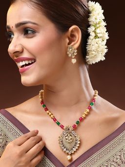 ADIVA - 18K Gold-Plated Kundan Stone with Pearl and Beads Handcrafted Temple Jewellery Set