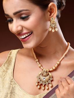 ADIVA - 18K Gold-Plated Lord Ganesha Kundan Stone with Pearl and Beads Handcrafted Jewellery Set