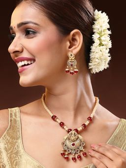 ADIVA - 18K Gold-Plated Lord Ganesha Kundan Stone with Pearl and Beads Handcrafted Jewellery Set