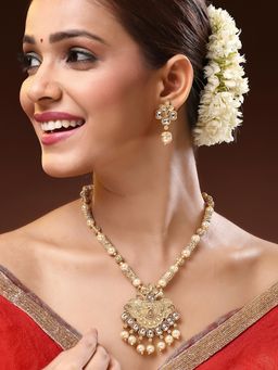 ADIVA - 22K Gold-Plated Kundan Stone with Pearl and Beads Handcrafted Jewellery Set