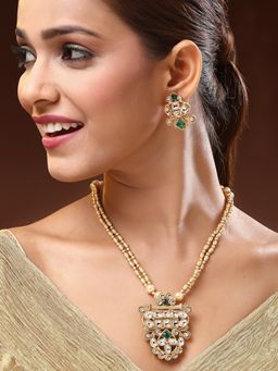ADIVA - 22K Gold-Plated Kundan Green Stone with Pearl and Beads Handcrafted Jewellery Set