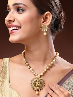 ADIVA - 18K Gold-Plated Lord Ganesha Kundan Stone with Pearl and Beads Handcrafted Jewellery Set