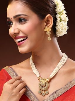 ADIVA - 22K Gold-Plated Temple Motif Multistrand Pearl Beaded with Stone Handcrafted Jewellery Set