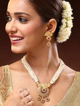 ADIVA - 22K Gold-Plated Motif Multistrand Pearl Beaded with Red Stone Handcrafted Jewellery Set