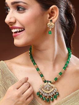 ADIVA - 22K Gold-Plated Kundan Stone with Green Beads and Pearl Bridal Handcrafted Jewellery Set