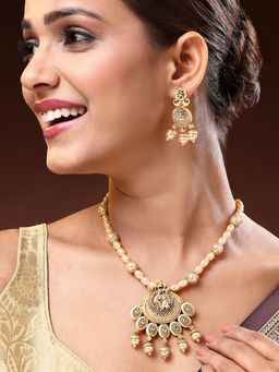 ADIVA - 18K Gold-Plated Lord Krishna Pearl with Stone and Beads Temple Jewellery Set