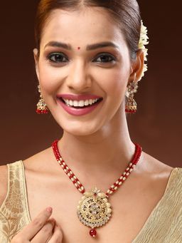 ADIVA - 22K Gold-Plated Kundan Stone with Red Beads and Pearl Bridal Handcrafted Jewellery Set