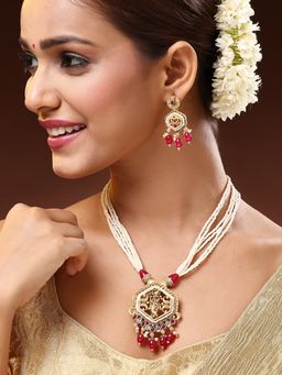 ADIVA - 22K Gold-Plated Lord Krishna Kundan Stone with Multistrand Pearl and Beads Jewellery Set