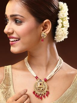 ADIVA - 22K Gold-Plated Lord Shiva Kundan Stone with Multistrand Pearl and Beads Temple Jewellery Set