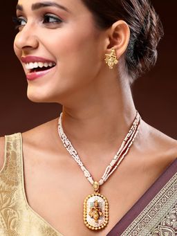 ADIVA - 18K Gold-Plated Lord Krishna Green Meenakari Multistrand Pearl and Beads Temple Jewellery Set