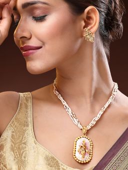 ADIVA - 18K Gold-Plated Lord Krishna Pink Meenakari Multistrand Pearl and Beads Temple Jewellery Set