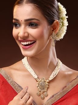 ADIVA - 22K Gold-Plated Kundan Stone with Multistrand Pearl and Beads Handcrafted Jewellery Set