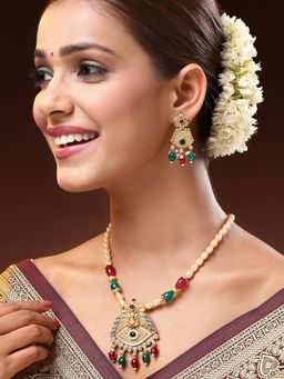 ADIVA - 22K Gold-Plated Lord Ganesh Kundan Stone with Pearl and Beads Handcrafted Jewellery Set