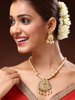 ADIVA - 22K Gold-Plated Lord Ganesh Kundan Stone with Pearl and Beads Handcrafted Jewellery Set