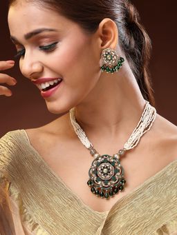 ADIVA - Gold-Plated Kundan Studded Multistrand Green Pearl and Beads Handcrafted Jewellery Set
