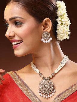 ADIVA - Gold-Plated Kundan Studded Multistrand White Pearl and Beads Handcrafted Jewellery Set