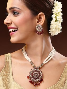ADIVA - Gold-Plated Kundan Studded Multistrand Red Pearl and Beads Handcrafted Jewellery Set