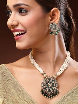 ADIVA - Gold-Plated Floral Kundan Studded Multistrand with Green Pearl and Beads Jewellery Set