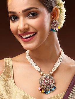 ADIVA - Gold-Plated Floral Kundan Studded Multistrand with Multicolor Pearl and Beads Jewellery Set