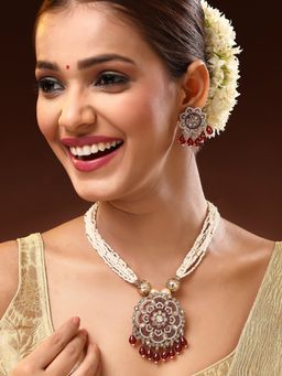 ADIVA - Gold-Plated Floral Kundan Studded Multi with Red Pearl and Beads Handcrafted Jewellery Set