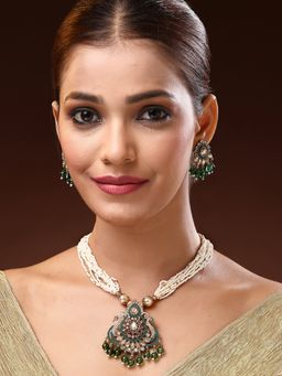 ADIVA - Gold-Plated Peacock Kundan Multistrand with Red Pearl and Beads Handcrafted Jewellery Set