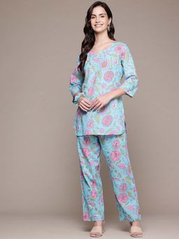 Readiprint - Cotton Fabric Blue Color Tunic with Palazzo Co-Ord with Scrunchie (Set of 3)
