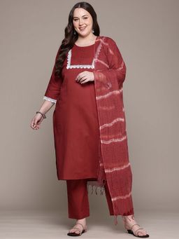 Readiprint - Straight Style Cotton Fabric Red Color Kurta and Pant with Dupatta (Set of 3)