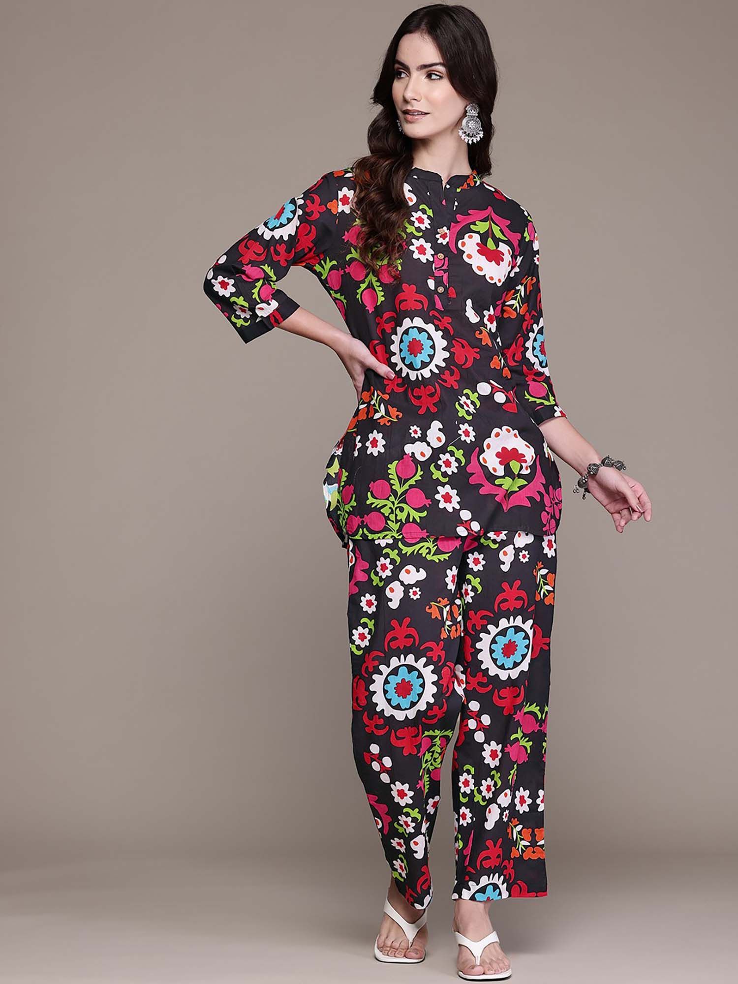 readiprint Cotton Fabric Black Color Tunic with Palazzo Co-Ord with Scrunchie (Set of 3)-picture-36