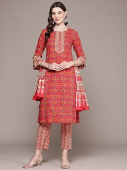 Readiprint - Straight Style Cotton Fabric Red Color Kurta and Palazzo with Dupatta (Set of 3)