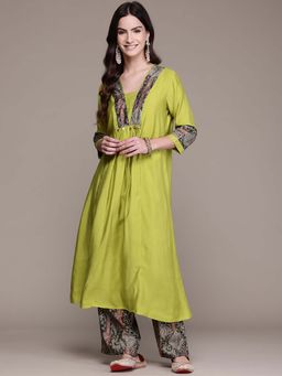 Readiprint - A-Line Style Chanderi Silk Fabric Green Color Kurta with Palazzo (Set of 2)
