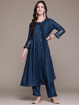 Readiprint - A-Line Style Silk Fabric Navy Blue Color Kurta with Palazzo (Set of 2)