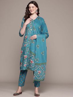 Readiprint - Straight Style Cotton Fabric Teal Color Kurta with Palazzo and Dupatta (Set of 3)