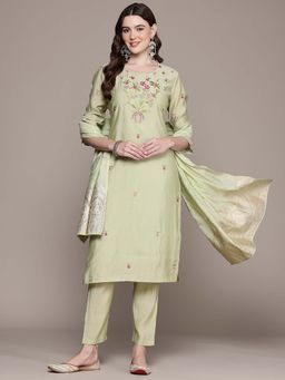 Readiprint - Straight Style Silk Fabric Green Color Kurta with Palazzo and Dupatta (Set of 3)