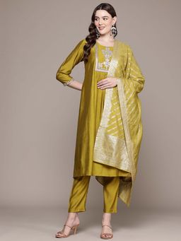 Readiprint - A-Line Style Silk Fabric Green Color Kurta with Palazzo and Dupatta (Set of 3)