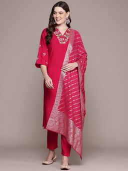 Readiprint - Straight Style Silk Fabric Red Color Kurta with Palazzo and Dupatta (Set of 3)