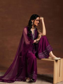Libas - Burgundy Silk Blend Embroidered Kurta Sets for Women